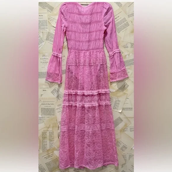 Free People Sweet Saloon Maxi Bodysuit Skirted Floral Mesh Lace BellSleeve Pink